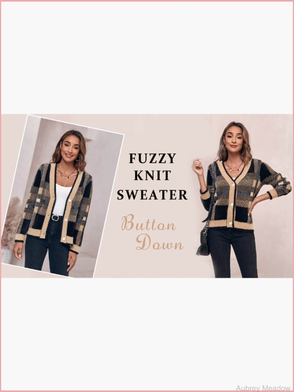 Plaid Fuzzy Knit V-Neck Button Down Cardigan Sweater Cozy Long Sleeve - Picture 6 of 7